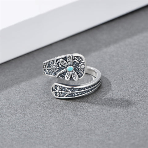 Sterling Silver Dragonfly Jesus Fish Adjustable Spoon Ring for Women