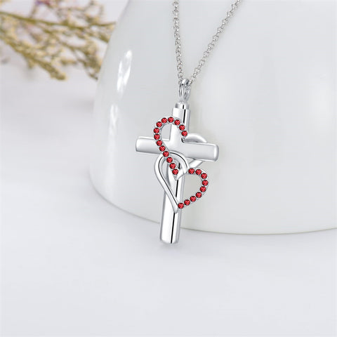 Sterling Silver Birthstone Cross Urn Necklace for Ashes