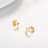 18K Solid Gold Cross Earrings for Women, Yellow Gold Diamond-cut Cross Post Stud Earrings Jewelry for Girls 9mm