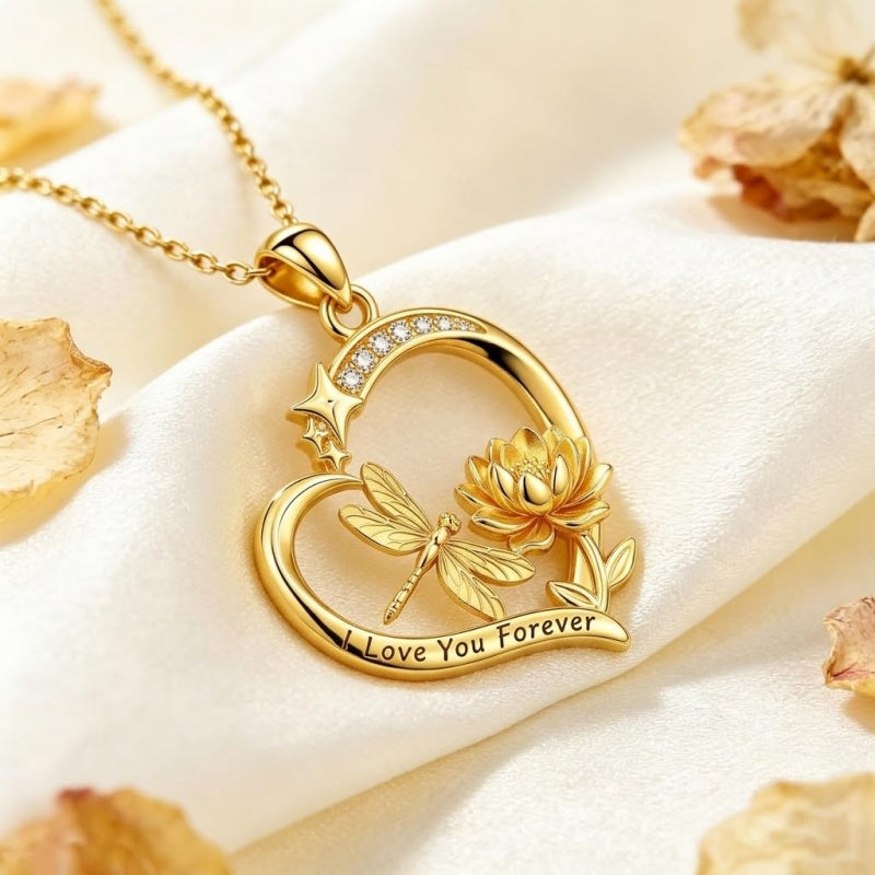 10K 14K 18K  Gold Cubic Zirconia Heart Shaped Bee Butterfly Dragonfly  Necklace Engraved with  I Love Your Forever
