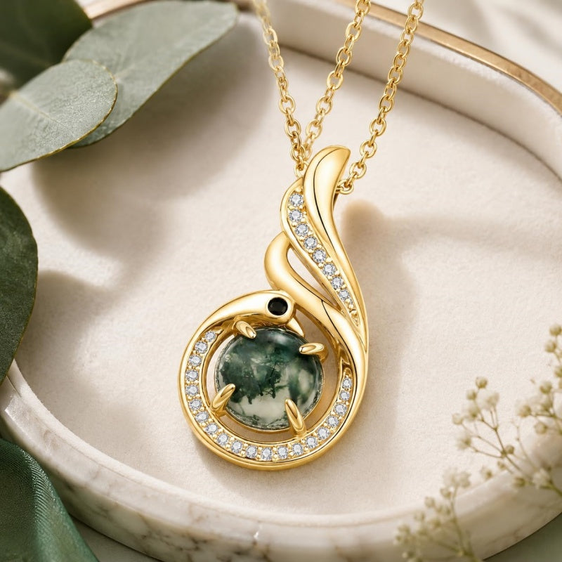 14K Gold Plated Moss Agate Pendant Necklace Boho Jewelry for Women
