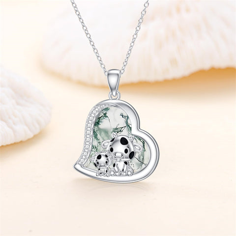 Sterling Silver Pink Opal Crystal Abalone Shell Turquoise Moss Agate Cow Pendant Necklace