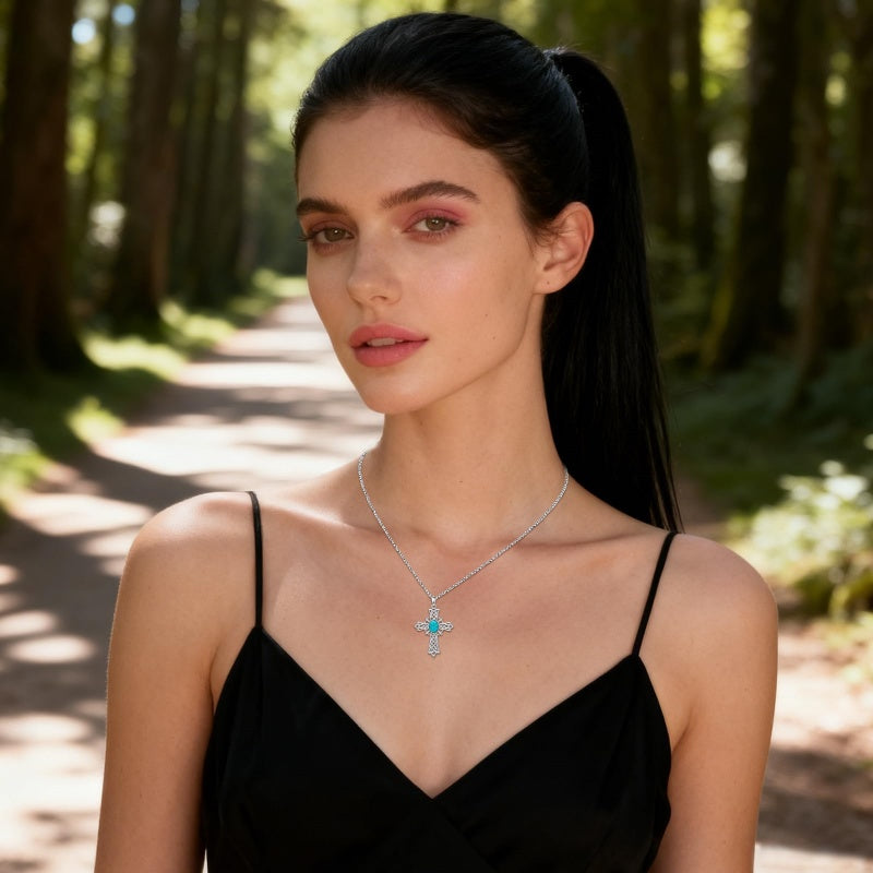 14K Gold Plated Turquoise Cross Pendant Necklace