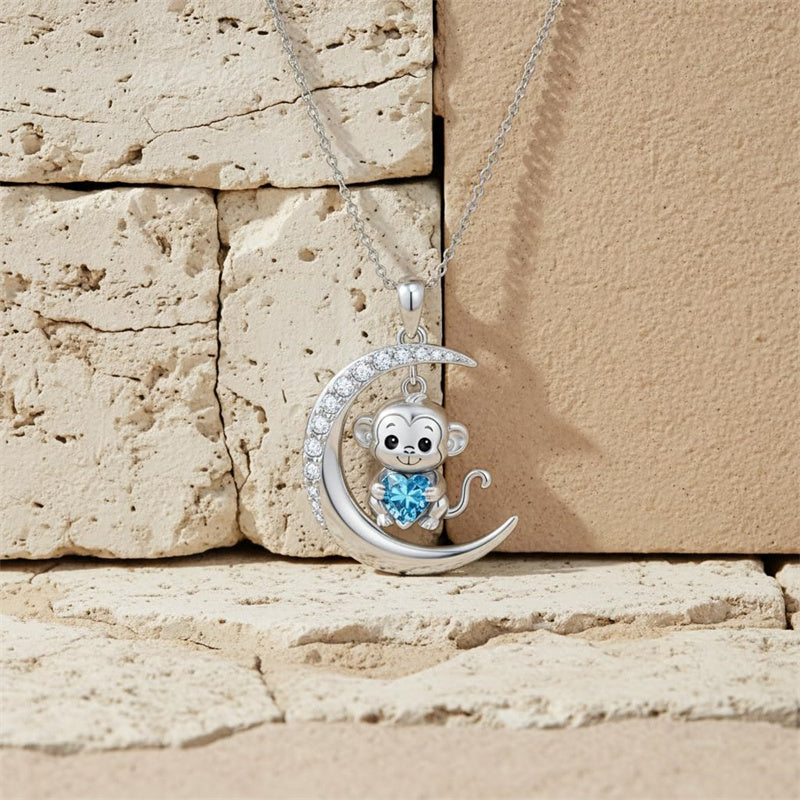 Sterling Silver Birthstone Monkey Pendant Necklace Jewelry Gifts for Women