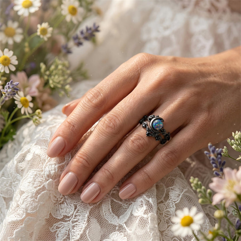 Sterling Silver 10K  14K  18K  Gold Personalized Engraved Black Opal Engagement Wedding Promise Ring for Her