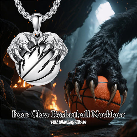 Sterling Silver Bear Claw Basketball Baseball Football Sports Pendant Necklace for Men