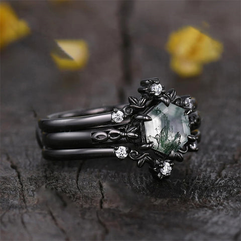 Sterling Silver 10K 14K 18K Gold 2CT Moss Agate Vine Leaf Women's Bridal Ring Sets for Wedding Engagement