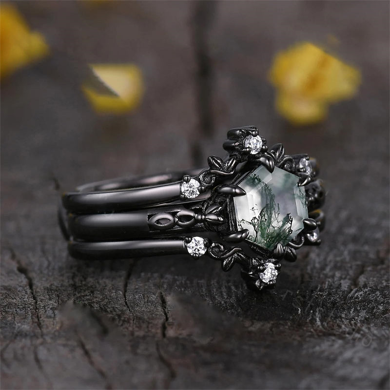 Sterling Silver 10K 14K 18K Gold 2CT Moss Agate Vine Leaf Women's Bridal Ring Sets for Wedding Engagement