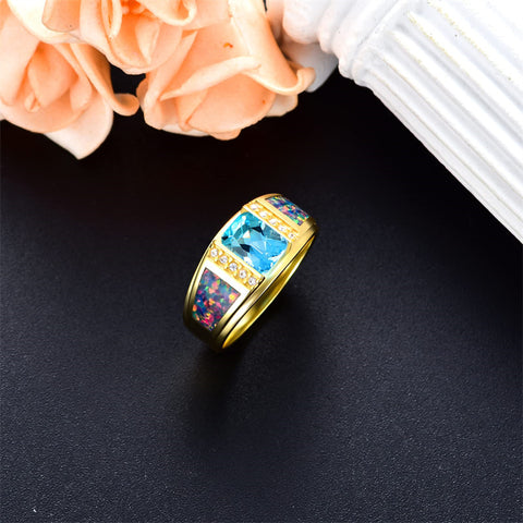 Sterling Silver Square Sapphire with Opal Gemstone Wedding Ring for Men