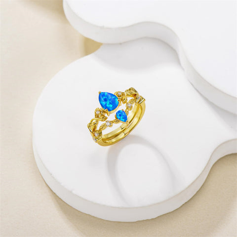 Sterling Silver 10K 14K 18K Gold Pear Cut Gemstone Leaf  Engagement Ring Set