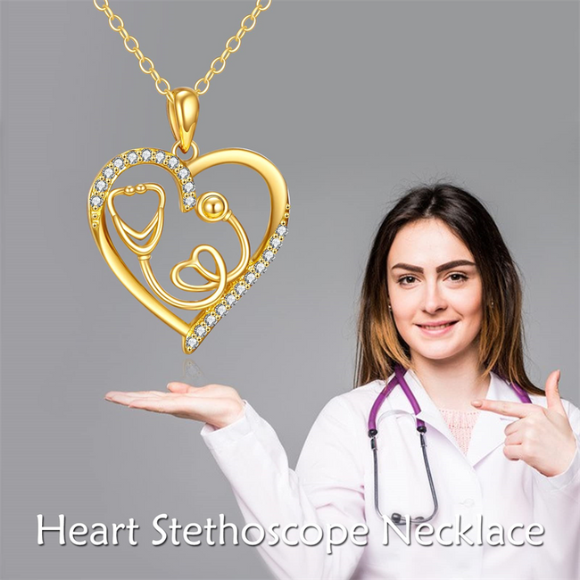 14K Gold Stethoscope Necklace , Heart-Shaped Stethoscope Pendant Necklace Medical Jewelry for Doctor Nurse Medical Student Gifts,16+2 Inch
