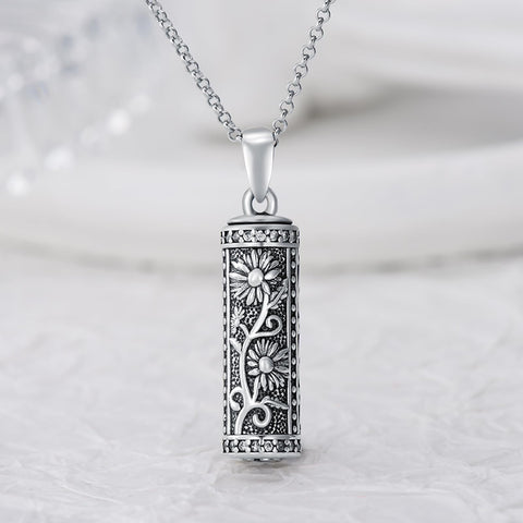 Sterling Silver Hollow Cylinder Rose Daisy Urn Necklace for Ashes