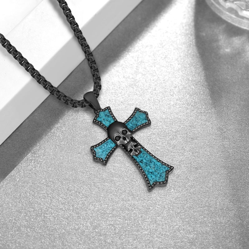 14K Gold Plated Turquoise Malachite Abalone Shell Cross Pendant Necklace for Men