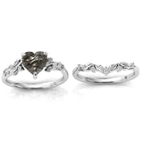 Sterling Silver 10K 14K 18K Gold Personalized Engraved Natural Heart Black Rutilated Quartz Engagement Ring Set
