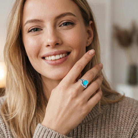 14K Gold Plated Turquoise Ring Western Jewelry Anniversary Birthday Gift for Women
