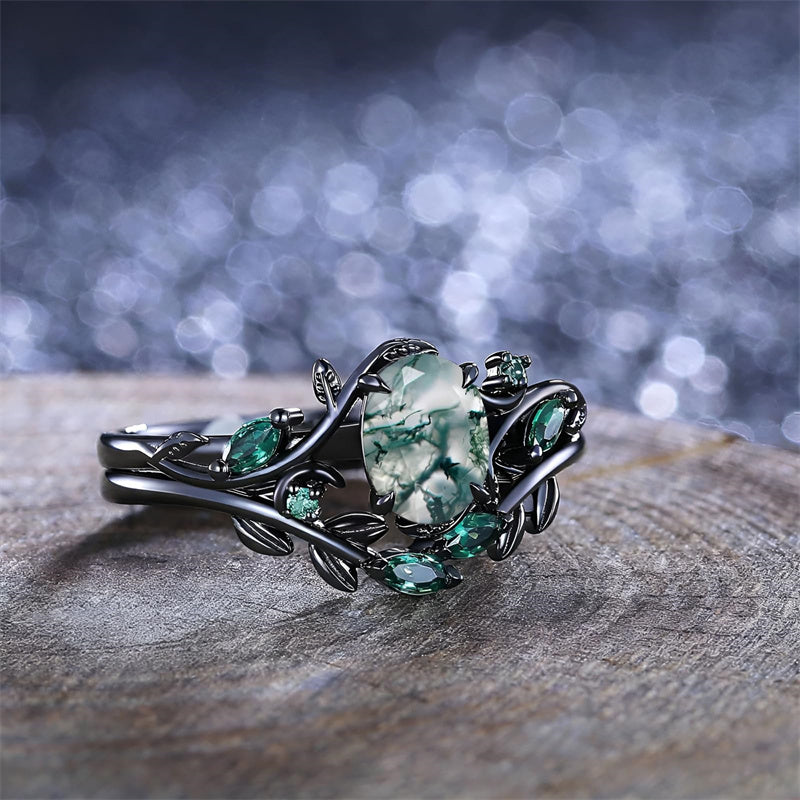Sterling Silver 10K 14K 18K Gold 2CT Moss Agate Vine Leaf Women's Bridal Ring Sets for Wedding Engagement