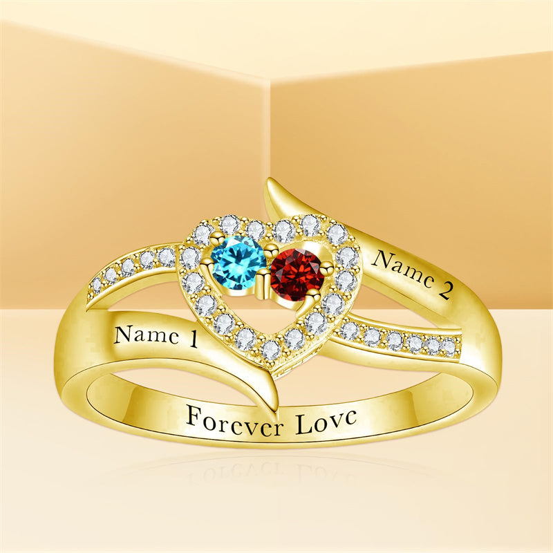 10K 14K 18K Gold Personalized 2 Birthstones Engraved Ring Mother's Day Gift