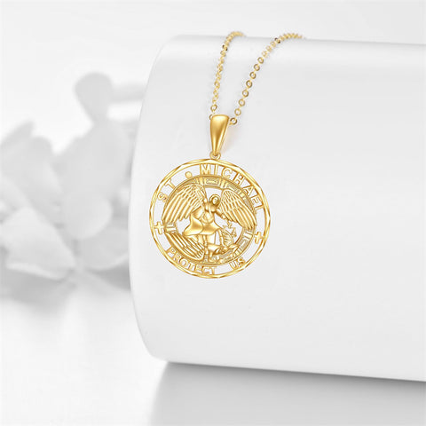 14K Real Gold Patron Saint Necklace Religious Protection Pendant 14K Solid Gold Jewelry Gifts for Men Women