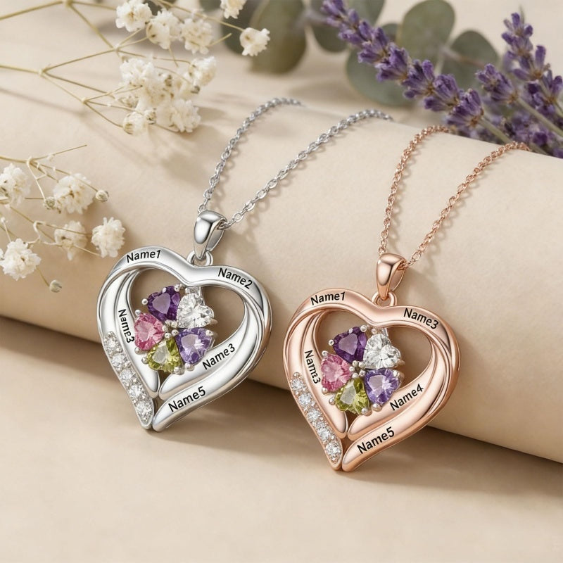 14K Gold Plated Personalized 1-5 Heart Birthstone Names Necklace  for Women