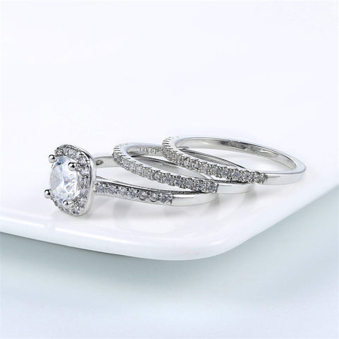 Copper Cubic Zirconia Three-in-One Halo Engagement Wedding Band Ring Set