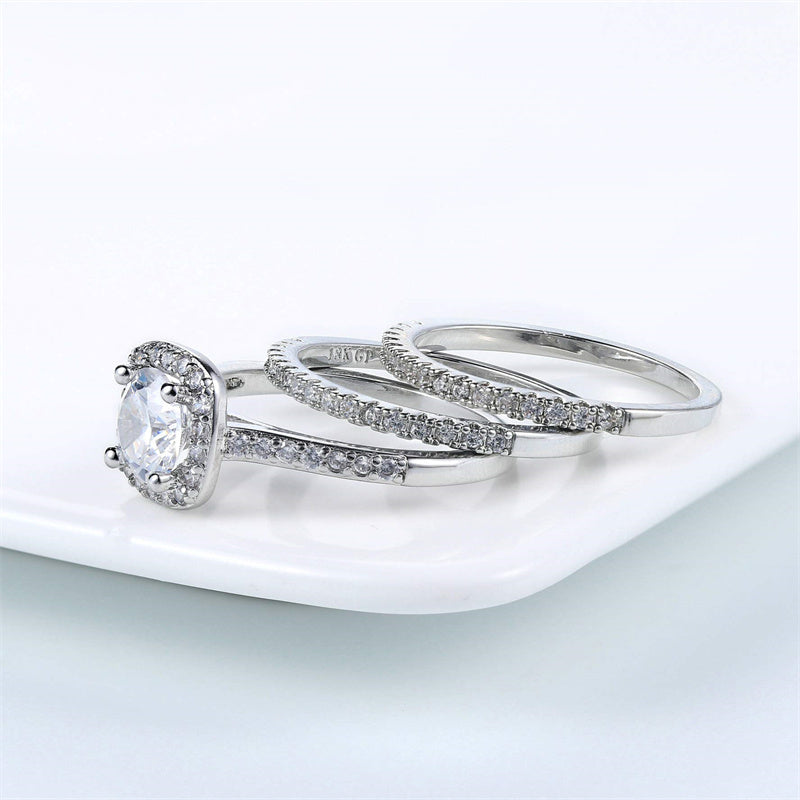 Copper Cubic Zirconia Three-in-One Halo Engagement Wedding Band Ring Set