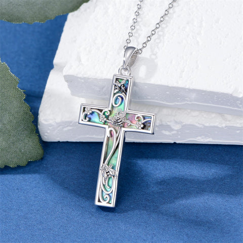 Sterling Silver Abalone Shell Bee Butterfly Dragonfly  Hummingbird Ladybug Cross Pendant Necklace for Women
