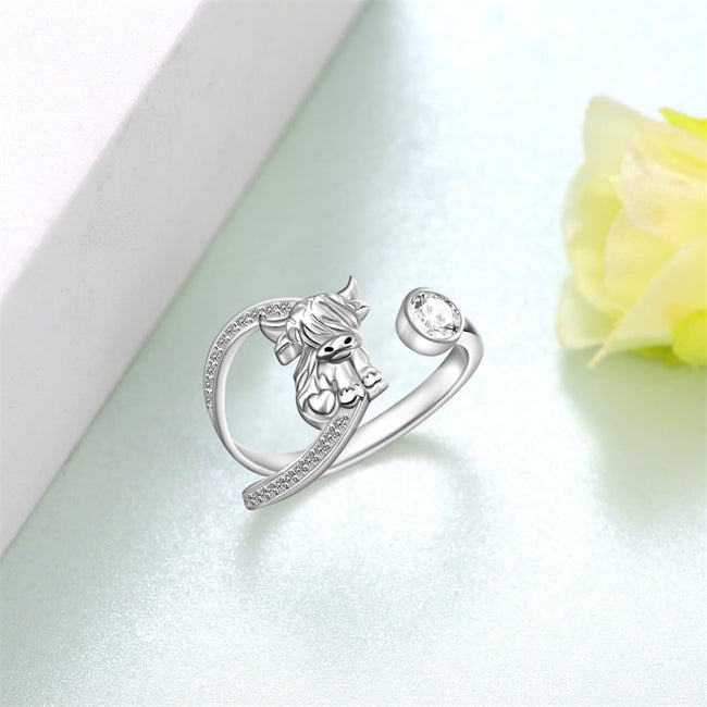 Highland Cow Ring for Women 925 Sterling Silver Adjustable Cow Rings Scottish Highland Cow Jewelry Gifts for Women Girls Animal Lover