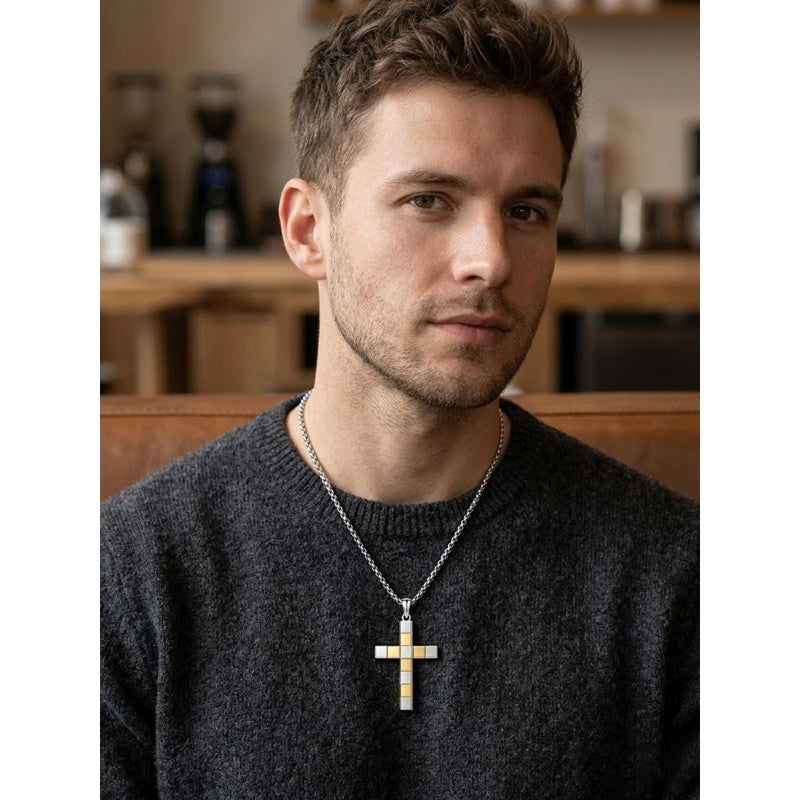 14K Gold Plated Two Tone Cross Pendant Necklace Christian Jewelry Religious Gift
