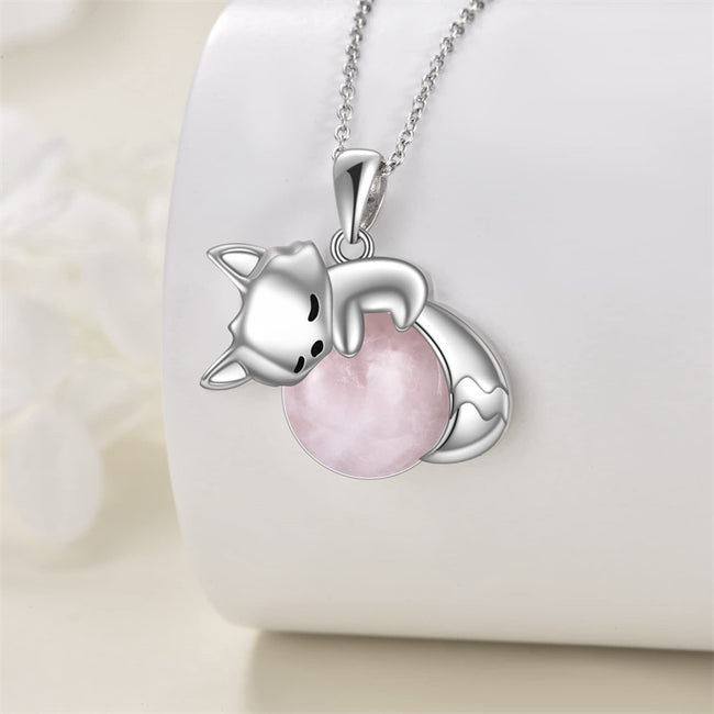 Fox Animal Necklace with Rose Quartz Pearl Sterling Silver
