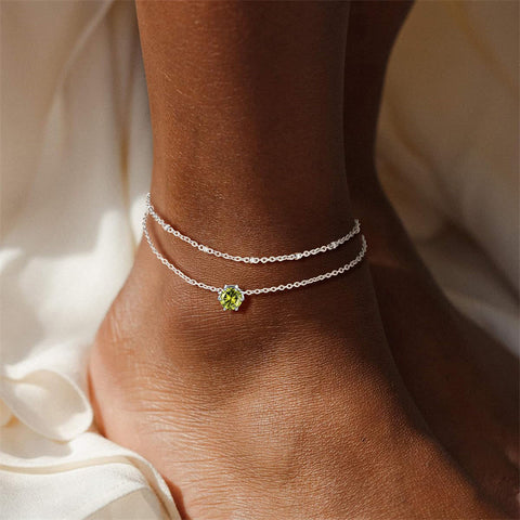 Sterling Silver  Round Birthstone Double Layer Charm Anklet