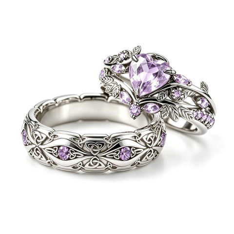 Sterling Silver 10K 14K 18K Gold Purple Gemstone Amethyst  Rings Set Couple Promise Rings Wedding Anniversary Rings
