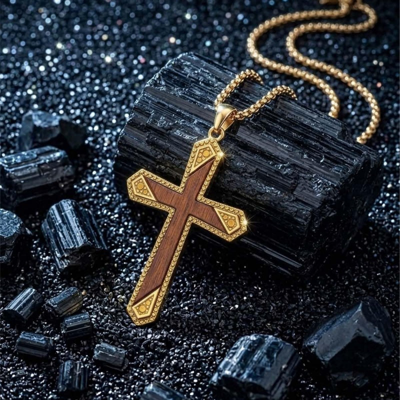 14K Gold Plated Wooden Cross Pendant Necklace Christian Catholic Jewelry Religious Gift