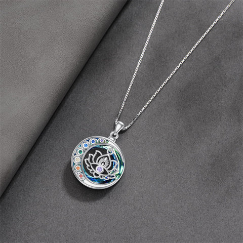 Sterling Silver Crystal Triple Moon Goddess Hamsa Hand Lotus Tree of Life Flower of Life Chakra Pendant Necklace