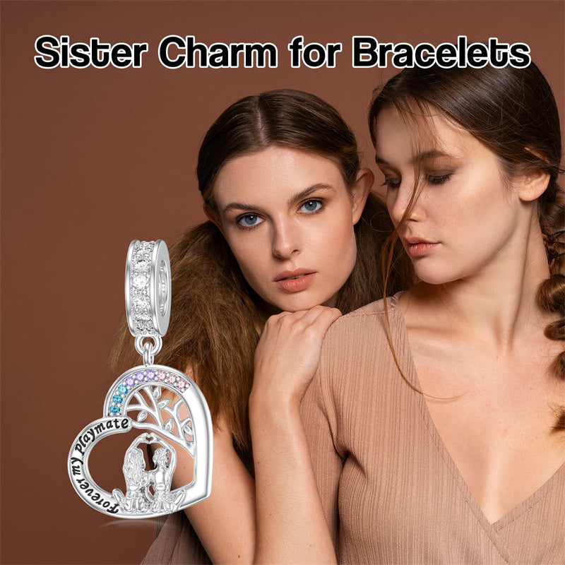 Sterling Silver Cubic Zircon Sister Couple Bead Charms with  Engraved