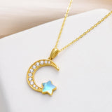 10K 14K 18K Yellow Gold Moonstone Moissanite Moon and Star Necklace Birthday Anniversary Jewelry Gift for Her