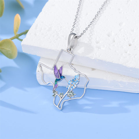 Sterling Silver Hummingbird Texas State Map Flag Pendant Necklace