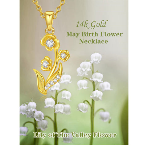 14K Gold Diamond Lily of the Valley May Birth Flower Pendant Necklace