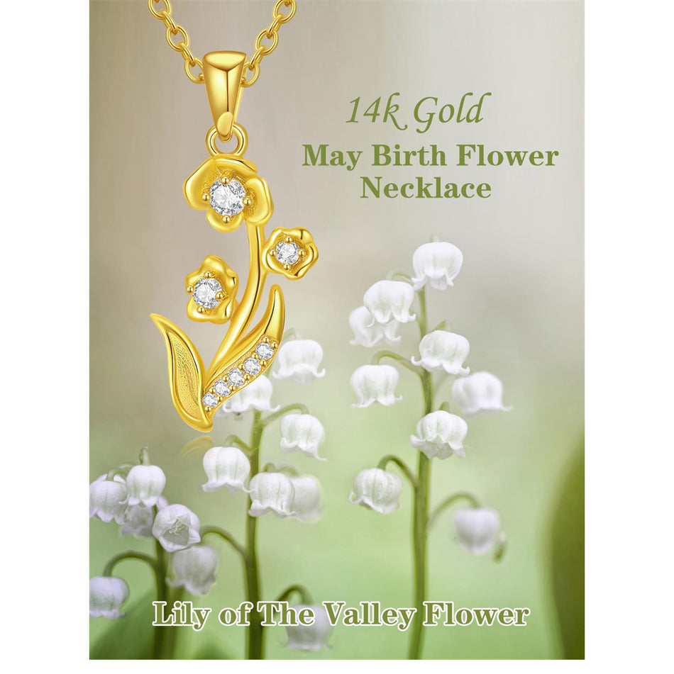 lily of the valley may birth flower 10K 14K 18K Gold Diamond Lily of the Valley May Birth Flower Pendant N– romanticwork