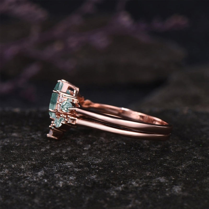 Sterling Silver 2CT Moss Agate  Engagement Wedding Ring Sets for Women