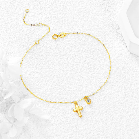 14k Gold Cross Ankle Bracelets Yellow Gold Religious Cross Anklets Fine Gold Adjustable Link Chain Anklet Jewellery Gifts for Women Girls