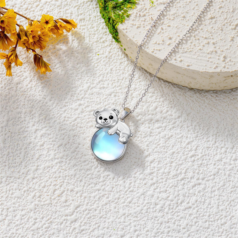 Sterling Silver Moonstone Fox Dolphin Axolotl Teddy Bear Hippo Raccoon Pendant Necklace for Women