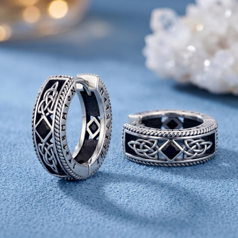 14K Gold Plated  Cubic Zircon Norse Viking Runes Hoop Earrings Viking Jewelry Gift for Men