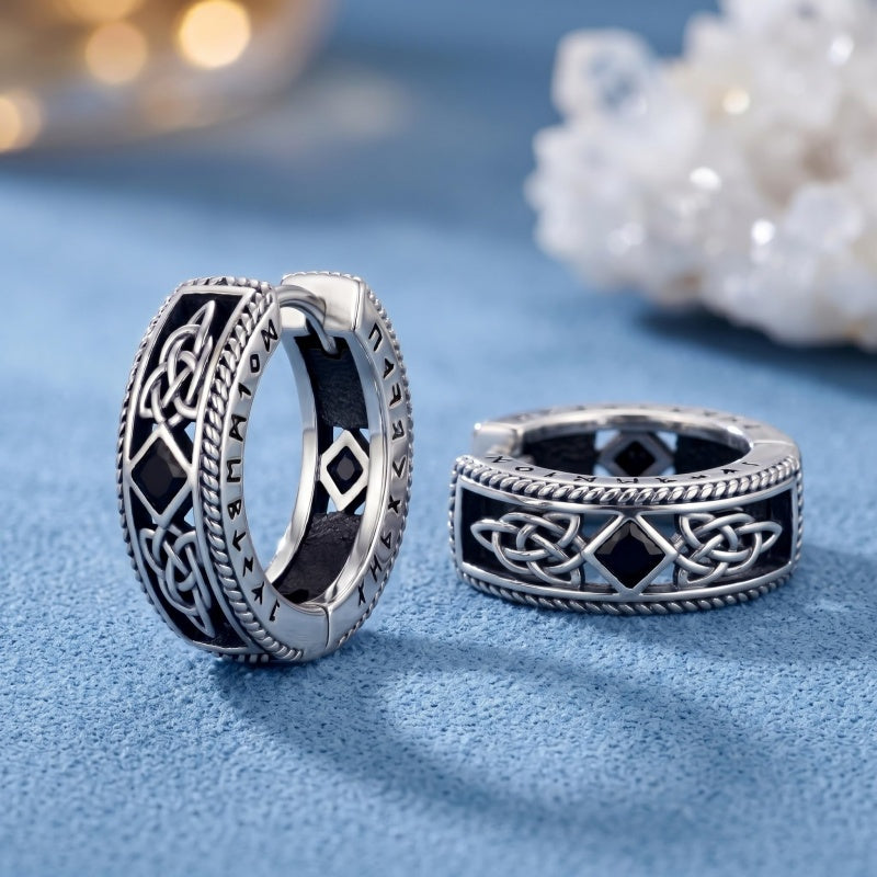 14K Gold Plated  Cubic Zircon Norse Viking Runes Hoop Earrings Viking Jewelry Gift for Men