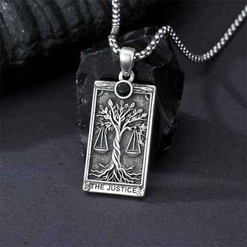 Sterling Silver Obsidian Lover Justice Cat Sun Moon Tarot Card Pendant Necklace