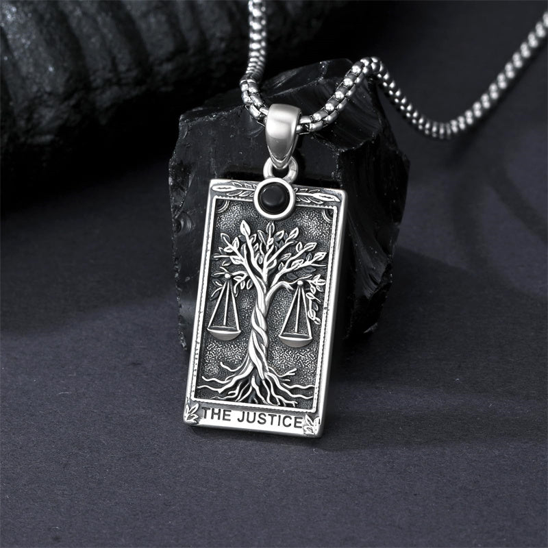 Sterling Silver Obsidian Lover Justice Cat Sun Moon Tarot Card Pendant Necklace