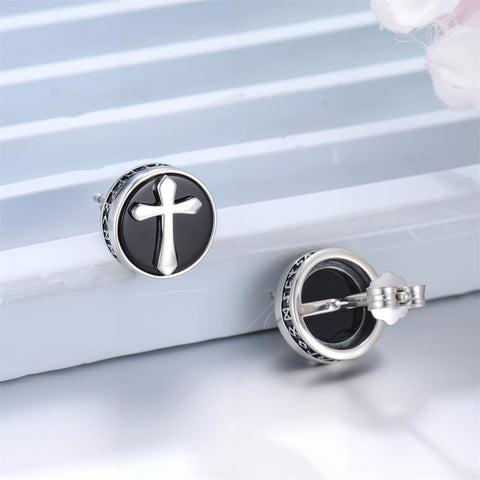 Sterling Silver Black Onyx Tree of Life Ankh Cross Skull Valknu Viking Stud Earrings