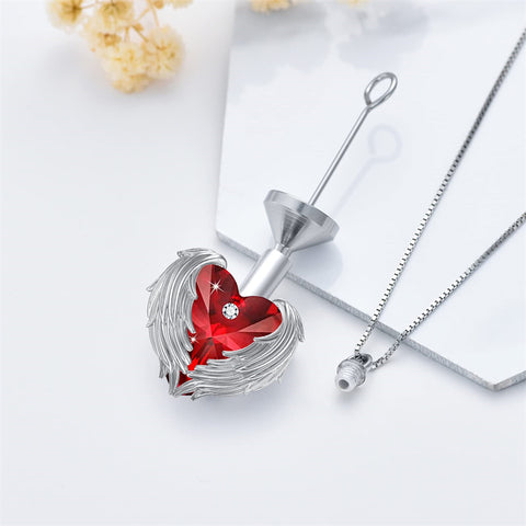Sterling Silver Heart Crystal Angel Wing Urn Necklace For Ashes