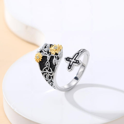 Sterling SilverJesus Cross Bee Cross  Dragonfly Cross Moonstone Sunflower Tree of Life Sunflower Adjustable Spoon Ring