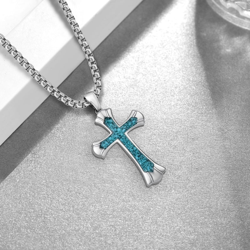 14K Gold Plated Turquoise Malachite Abalone Shell Cross Pendant Necklace for Men