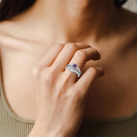 Sterling Silver Round Amethyst  Leaf Engagement Rings Set for Women